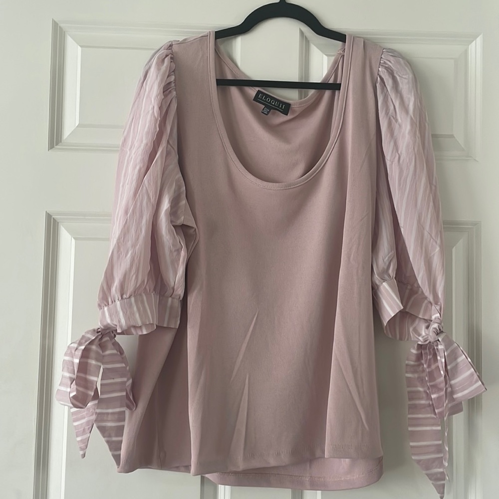 Eloquii pink puff sleeve blouse with ties